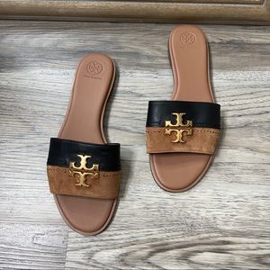 NEW Tory Burch Two Tone Everly Slides Leather Suede Sandals Black brown sz 11